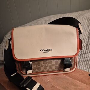 Coach Men's Cream and Brown Messenger Bag